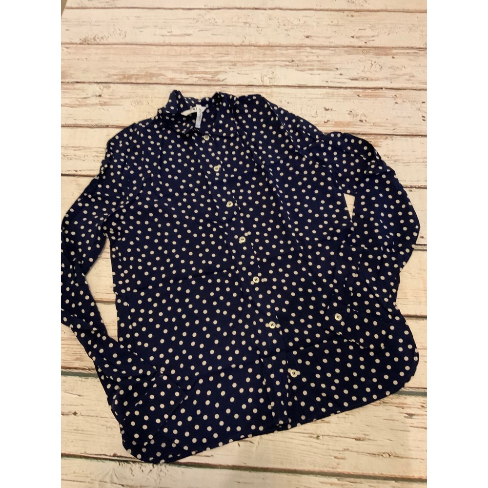 Three Dots Navy Blue White Polka Dot Ruffle Collar Button Down Shirt Small